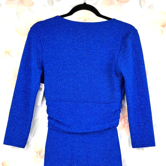 Symphony Ruched Dress Womens Small Blue Lights Down Low Glitter V Neck Plunge - Picture 7 of 14